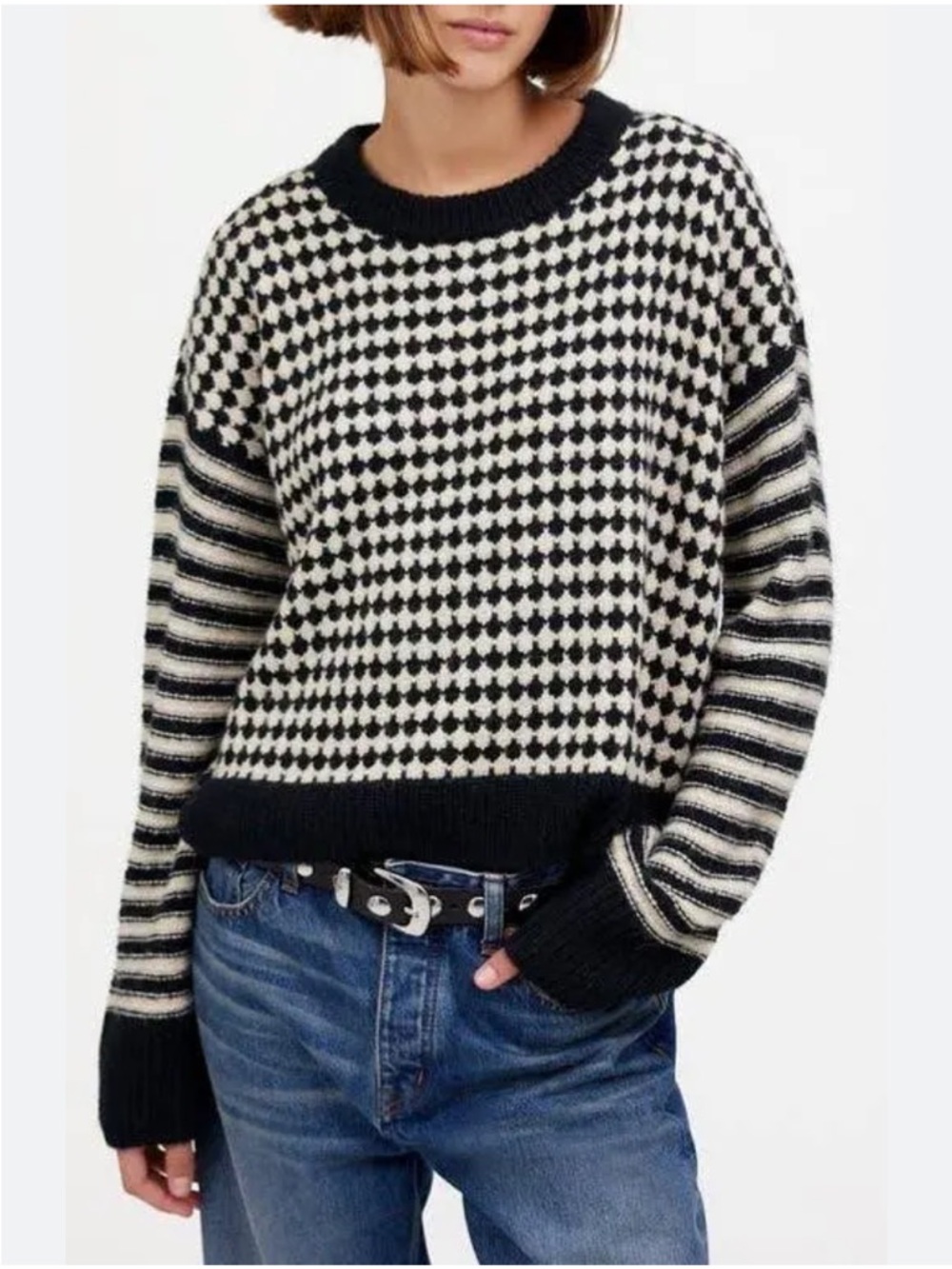 Madewell Mixed Stripe Raglan Pullover Sweater Alpaca Blend size L black cream